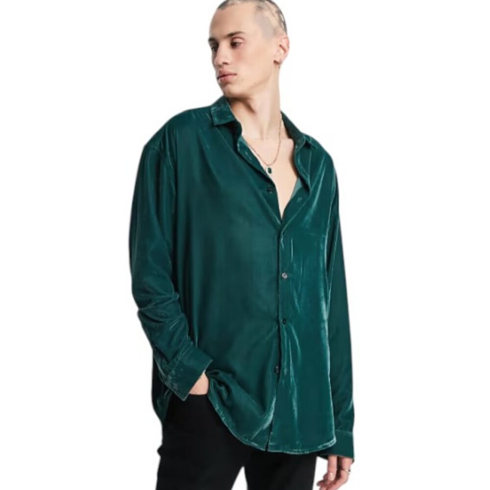 ASOS teal crushed velvet button down top size M